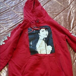 Red Graphic Hoodie with Floral Sleeve Design